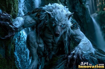 A light-furred werewolf with blue eyes crouches on dark rocks by a waterfall