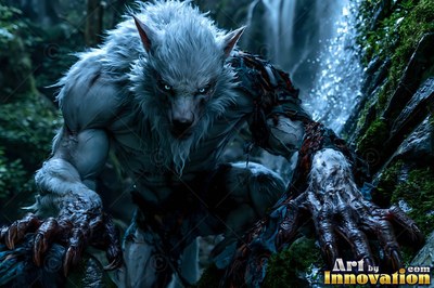 By a dark waterfall, a white-furred werewolf crouches on wet rocks with sharp claws