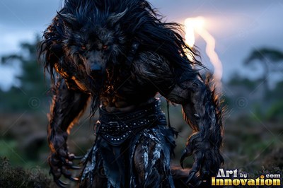 Prowling forward at dusk, a dark werewolf in studded leather armor bares sharp claws