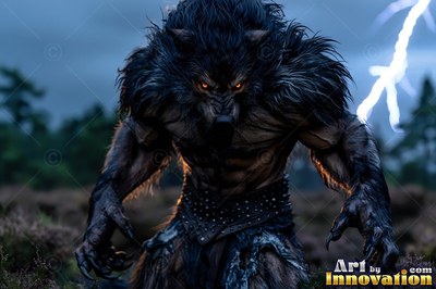 Dark furred werewolf crouched outdoors before white lightning strike