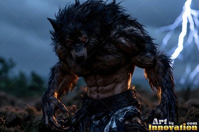 A studded belt circles a werewolf crouched in a dark field during a lightning storm