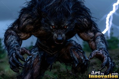 A werewolf squats low forward with extended claws beside a flash of white lightning