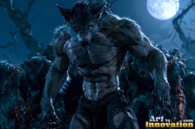 Crouched low in a dark forest, a gray werewolf stalks forward under the moon