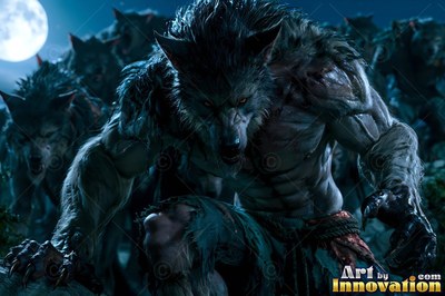 A muscular gray werewolf creeps forward with a pack under the round moon