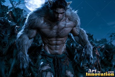 Under blue moonlight, a muscular werewolf stalks forward with a pack of wolves