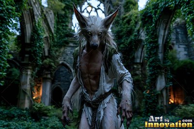 Standing in vine-covered stone ruins, a werewolf in ragged clothes stares forward