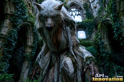 A white fur werewolf in torn rags hunches in stone ruins