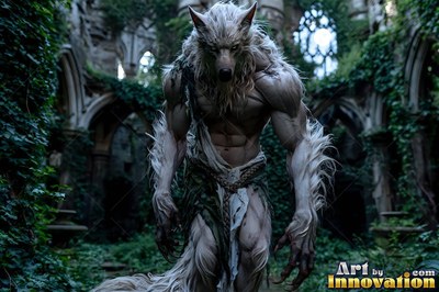 A pale werewolf with shaggy white fur stands in ivy-covered stone ruins under dim daylight