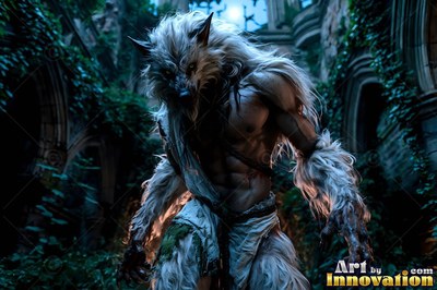 A werewolf prowls through ruined stone arches under cool blue moonlight
