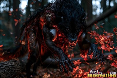 Crouched low in a dark forest, a black werewolf stalks over red leaves