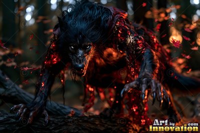 A black werewolf creeps forward on fallen logs in dark woods with red light on its fur