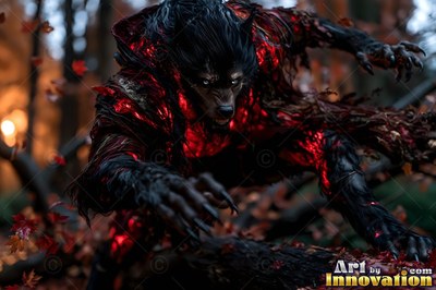 In a dark forest, a werewolf with red chest cracks crouches on a fallen log