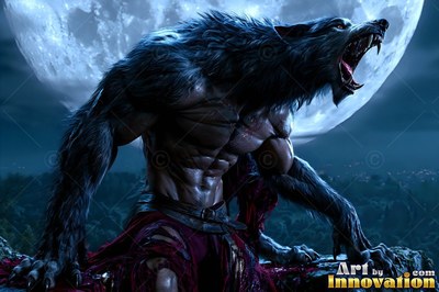 Snarling on a dark cliff, a muscular werewolf lowers its body before a full moon