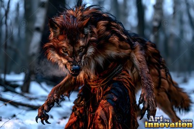 Brown werewolf crouched low in a snowy forest with sharp claws