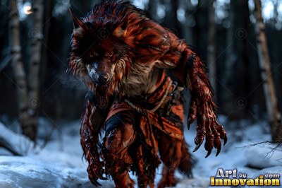 Wearing torn cloth pants, a red-furred werewolf creeps forward in a snowy birch forest
