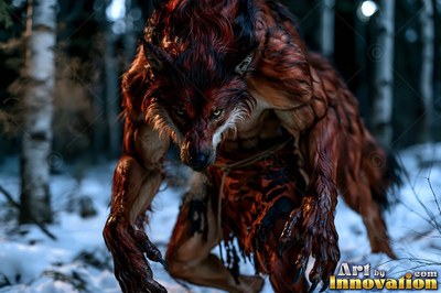 A werewolf squats low in a snowy forest, its reddish-brown fur lit by pale winter light