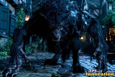 Crouched low on a cobblestone street, a black werewolf stalks forward
