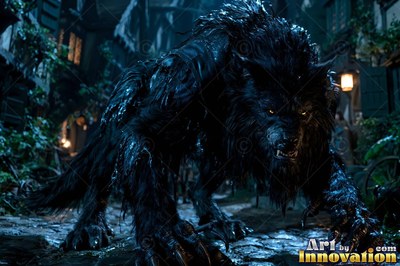 A snarling black werewolf stalks down a dark cobblestone street