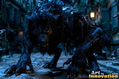 In a dark cobblestone alley, a black werewolf drops low on all fours under night light