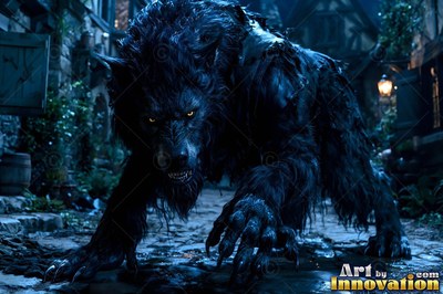 Crawling along a dark cobblestone street, a black werewolf snarls with yellow eyes