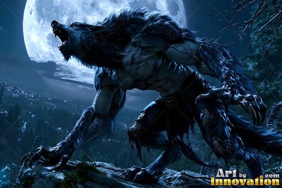 A werewolf howling on a rock in front of a blue round moon