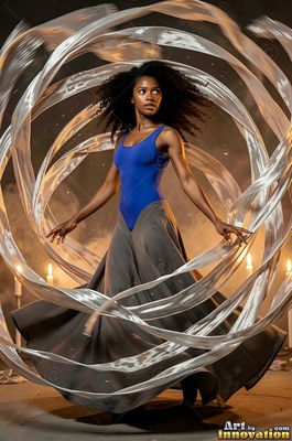 A woman dances inside swirling silver ribbons under warm stage light