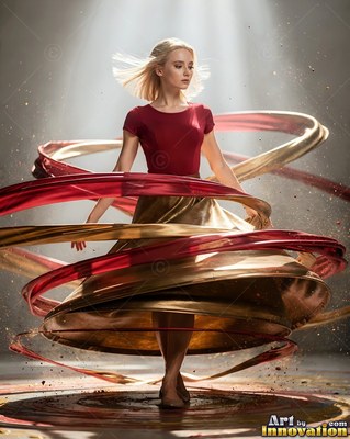 Spinning on a stage under a spotlight, a woman turns in a swirling gold skirt