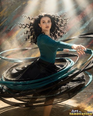 Curly dark hair flutters as a woman twirls her swirling teal and black skirt under soft sunbeams