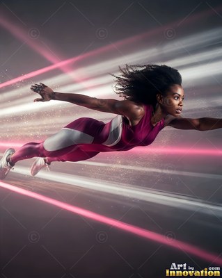 A woman leaps forward horizontally through streaks of bright pink light