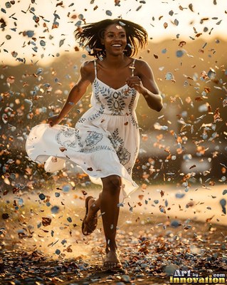 A smiling woman runs forward in a white sundress through flying flower petals