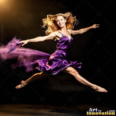 Against a dark background, a woman in a purple dress leaps with violet powder trailing