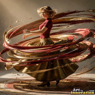 Spinning around, a woman in a red shirt dances inside swirling gold ribbons