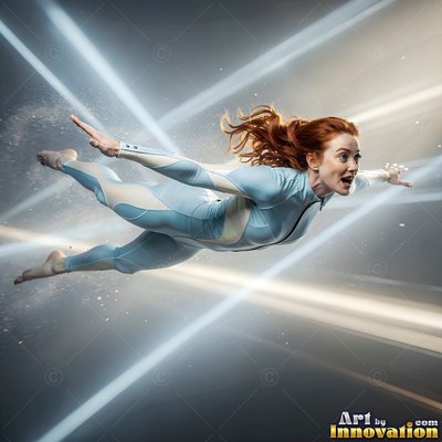 A woman in a blue suit flies through beams of light