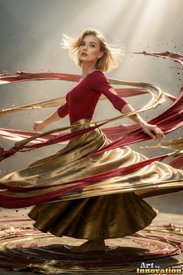 Twisting her body under overhead light, a woman spins in a gold skirt