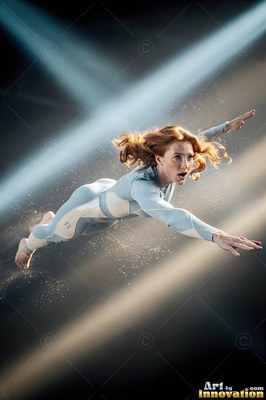 A red-haired woman flies through bright light beams in a pale blue bodysuit