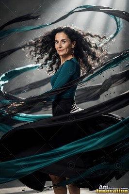 A woman in a teal shirt spins as dark ribbons swirl around her in a smoky studio