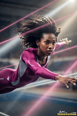 A woman dives forward through the air in a purple bodysuit crossed by pink light beams