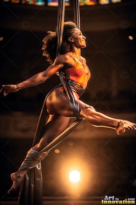 Doing a split in midair on dark silks, a woman smiles above a warm stage light