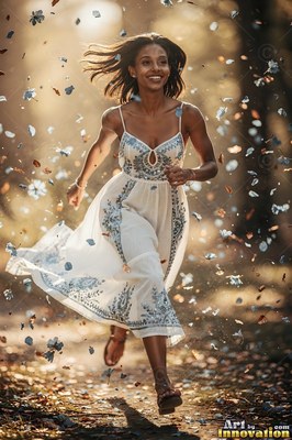 A smiling woman runs along a sunlit forest path in a white dress through falling blue petals