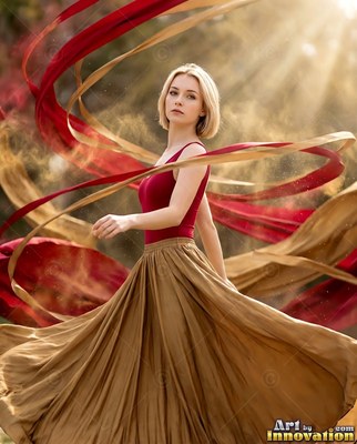In warm sunlight, a blonde woman spins in dance in a wide tan skirt with red ribbons