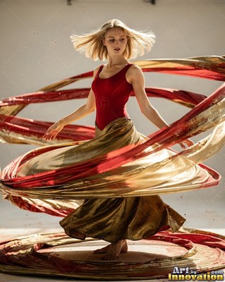 Woman spinning in a red top and swirling gold skirt