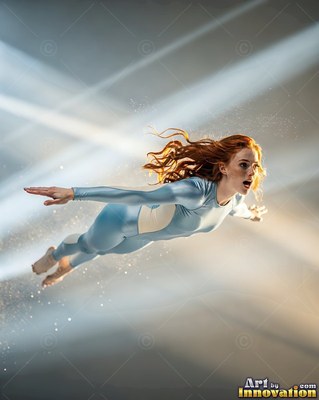 Wearing a pale blue bodysuit in a room of angled light beams, a red-haired woman dives forward