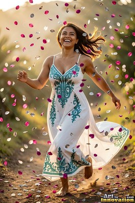 A smiling woman runs barefoot down a dirt path through falling pink flower petals
