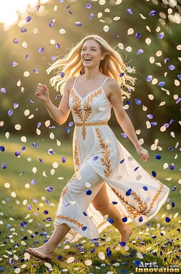 In a sunny grassy field, a smiling blonde woman in a white dress runs barefoot through petals