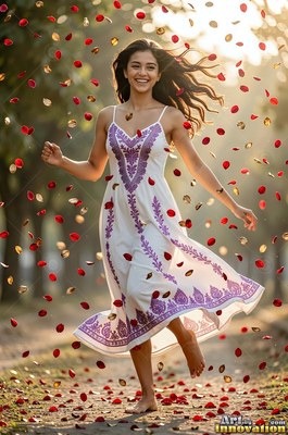 Dancing barefoot outdoors, a smiling woman in a white dress twirls through falling red petals