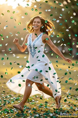 Woman in a white dress runs through falling green gems