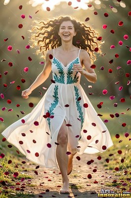 Embroidered white dress flowing, a happy woman runs along a sunny path through falling red petals