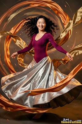 Twirling in a dark studio, a smiling woman wears a purple top and silver skirt