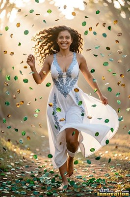 A smiling woman in a white dress runs barefoot as green leaves flutter around her