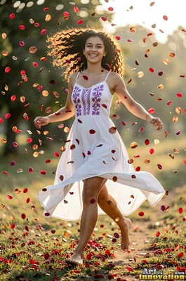 In a sunny field, a woman dances barefoot in a white dress through falling rose petals